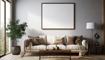 Frame mockup, ISO A paper size. Living room wall poster mockup. Interior mockup with house background. Modern interior design. 3D render