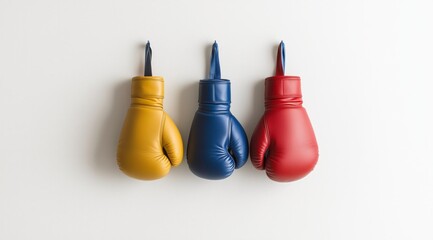 Naklejka premium The Fight is On: A trio of boxing gloves in vibrant yellow, blue, and red stand poised on a minimalist background, ready for the ultimate showdown. 