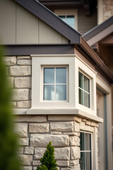 Obraz premium Modern House Exterior: Stone and Window Design. High-end residential architecture, showcasing a beautiful stone facade and large windows. Ideal for real estate and home design inspiration.