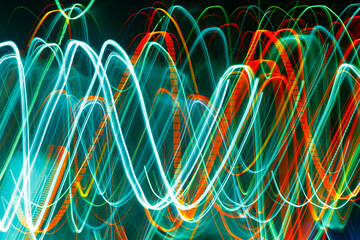 Abstract blurred colorful light effect on a black background. Long exposure photo of moving camera.