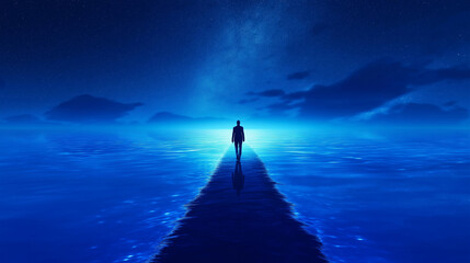 Fototapeta premium A lone figure walks down a blue, illuminated path. The path leads toward a bright light in the distance, against a darker blue sky.