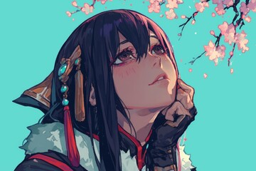 Anime Girl Contemplates Spring Blossoms Peaceful Serenity