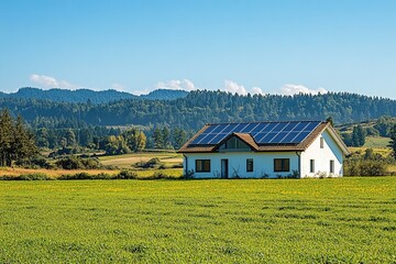 Obraz premium Solar panels on rural house with mountain view in green field