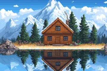Fototapeta premium A cozy wooden house nestled by the mountains, beautifully reflected in the lake. This pixel art scene captures nature's charm and tranquility. 