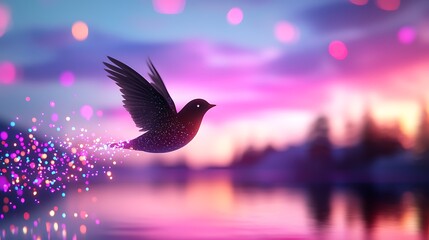 Fototapeta premium Pixel Bird in Flight at Sunset A Dreamlike Digital Landscape