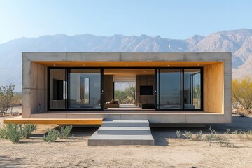Front View of an Abandoned Desert House Showcasing Modern Architecture and Natural Surroundings. Generative AI