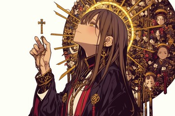 Obraz premium Anime Girl With Long Brown Hair Holds A Cross