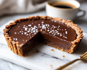 Chocolate tart composition with a slice removed, accenting textures with coffee props for a modern dessert visual.