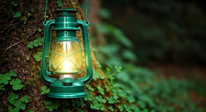 A glowing green lantern hanging from a tree branch, surrounded by clovers, Ai Generated