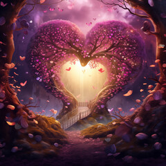 Enchanting Heart-Shaped Tree Tunnel with Magical Light and Falling Pink Leaves in a Mystical Forest