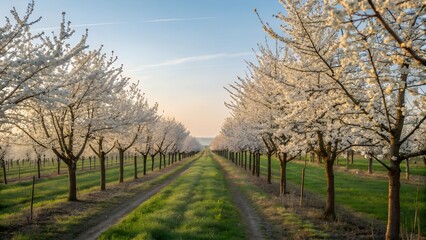 A stunning tree-lined orchard pathway with rows of blooming white fruit trees under a soft golden sky, creating a peaceful spring atmosphere.