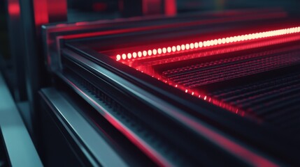 Obraz premium Close-up of a high-tech machine with glowing red lights, showcasing intricate metal structures