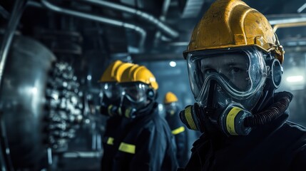 Naklejka premium Workers in gas masks and helmets stand in an industrial setting for safety training