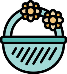 Light blue empty basket decorated with two yellow flowers, celebrating spring season and easter holidays