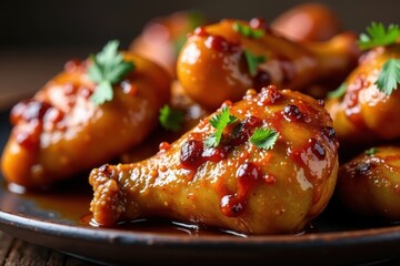 Close-up of spicy jerk chicken, glistening glaze, food styling, detail