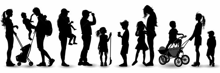 Silhouette Vector illustration set by black silhouettes of people, including woman, man, child, family, sport, dance, business, and action figures, unique vector icon set