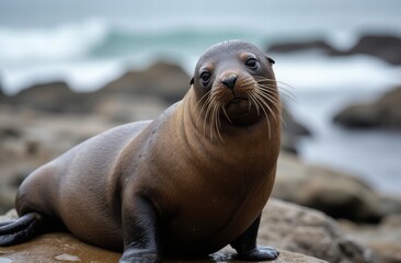 Obraz premium A sea lion resting on the rocky beach