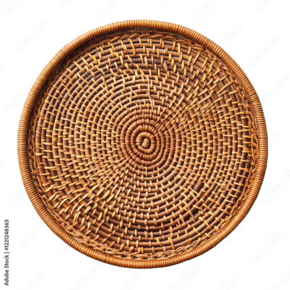 Fototapete A detailed close-up showcases a round woven rattan tray with a concentric circular pattern. The natural brown tones and intricate weaving create a warm and rustic aesthetic.