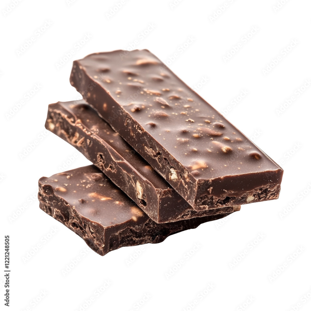 Poster a close-up of three broken pieces of dark chocolate with visible nuts, stacked on each other against