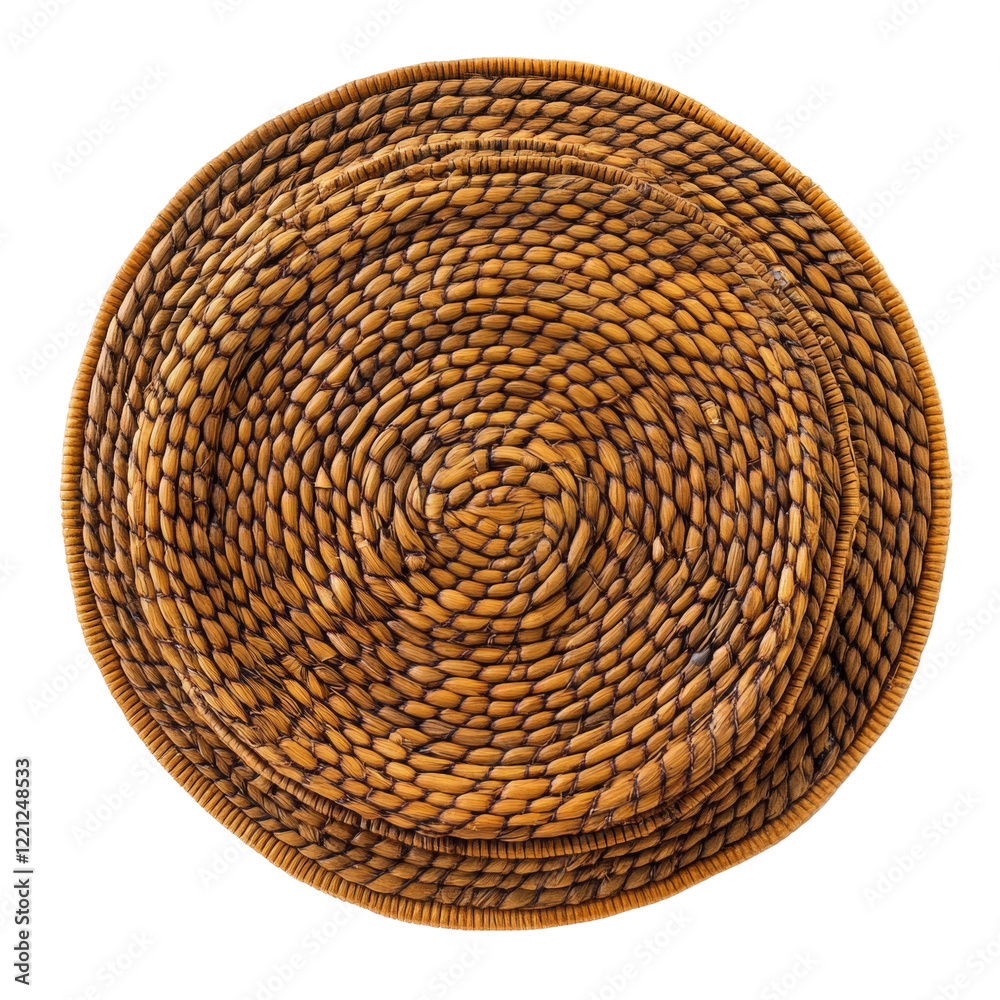 Poster a close-up view of a circular woven basket showcasing a complex spiral pattern created from natural 