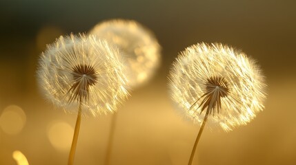 Obraz premium Golden hour sunlight illuminates three fluffy dandelion seed heads.