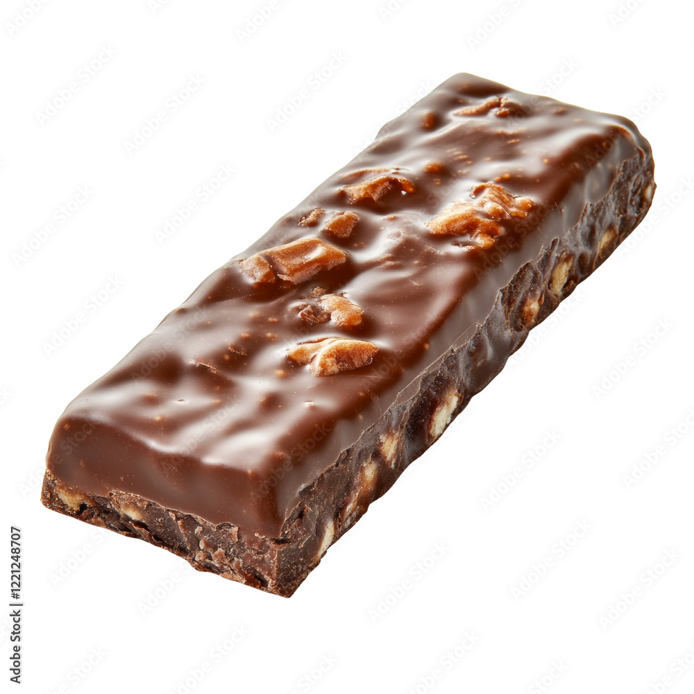Poster a close up image shows a single chocolate covered nut candy bar isolated on a black background.