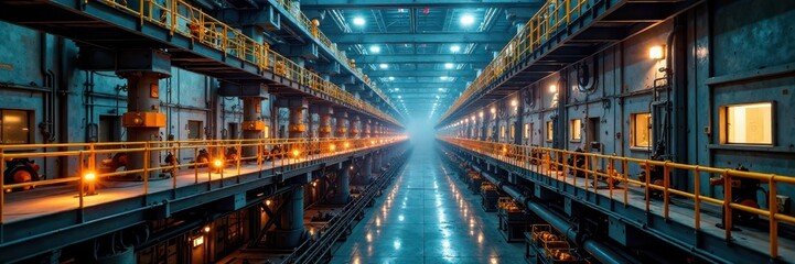 Naklejka premium Gleaming metal catwalks above refinery floor, intricate machinery, massive, pipes