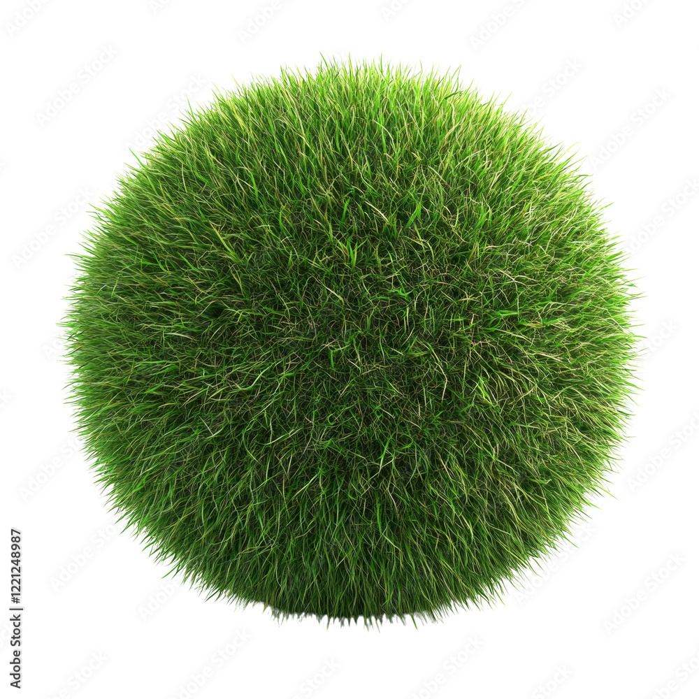 Poster a digitally rendered image shows a perfectly spherical mass of vibrant green grass isolated against 