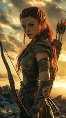 Elves with bows and arrows. Determined elf archer with fiery red hair wielding a bow against a dramatic sunset backdrop, copy space