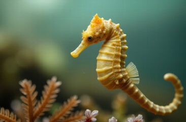 Naklejka premium Seahorses are small fish with horse heads, monkey tails, and armoured bodies. They are related to pipefishes and sea dragons