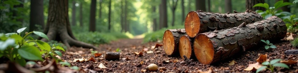 Scattered dry branches and logs on forest floor after logging, bark, soil