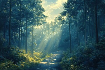 Obraz premium Sunlit forest path at dawn with misty light rays
