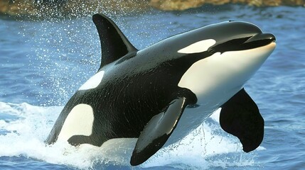 Obraz premium Orca leaping ocean coastal background wildlife nature