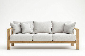 Modern wooden sofa with light gray cushions on a white background, front view.
