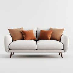 Fototapeta premium Modern wooden sofa with light gray cushions on a white background, front view.