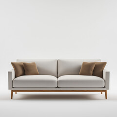 Fototapeta premium Modern wooden sofa with light gray cushions on a white background, front view.