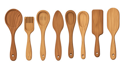 Wooden Kitchen Utensil Set: An assortment of rustic wooden kitchen utensils, including spoons, spatulas, and a whisk, arranged in a row against a clean backdrop.