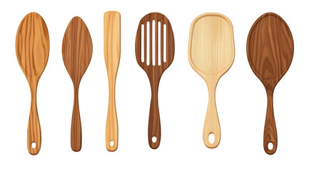 Wooden Kitchen Utensil Set: A collection of six meticulously crafted wooden kitchen utensils, showcasing diverse shapes and sizes ideal for cooking and serving.