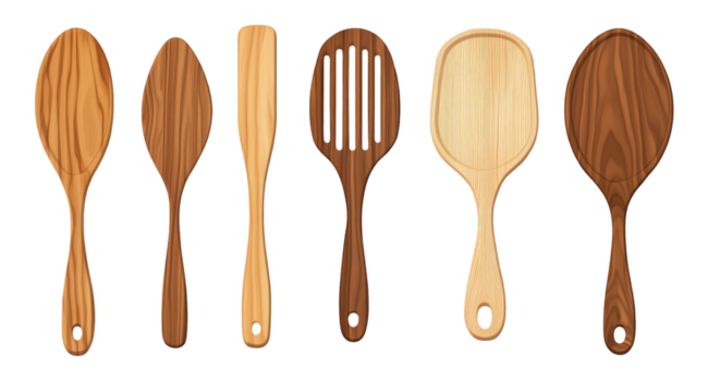 Wooden Kitchen Utensil Set: A collection of six meticulously crafted wooden kitchen utensils, showcasing diverse shapes and sizes ideal for cooking and serving.