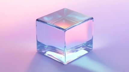 Iridescent glass cube on pastel background.