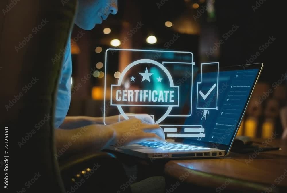 Poster digital compliance: secure certification & document validation. professional working on laptop, inte