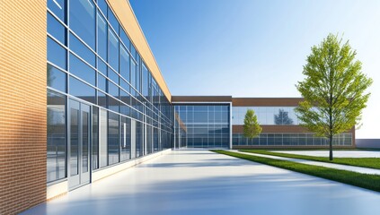 Fototapeta premium Modern Office Building Exterior Design, Sunlight on Glass Facade, Landscaped Courtyard