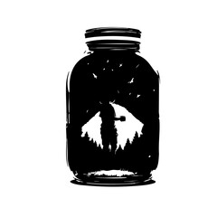 Silhouette of a Scenic Landscape Encapsulated in a Glass Jar