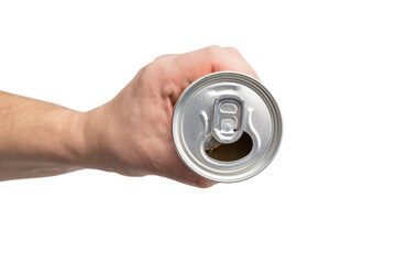 Top view of a male hand holding an opened aluminum can with a drink isolated on a transparent background
