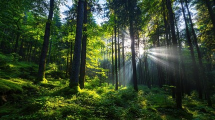 Obraz premium Ethereal twilight forest scene ancient woodland nature photography enchanted environment low angle view mystical concept