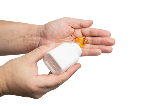 Male hand pouring yellow omega-3 capsules from plastic bottle into a palm, fatty acid, fish oil supplements, isolated on transparent background