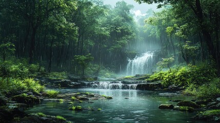 Obraz premium A lush, green forest scene depicting heavy rain.