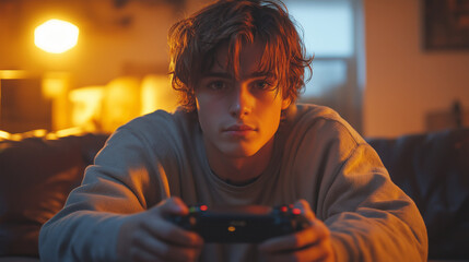Teen caucasian male playing video games at home with focused expression