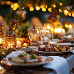 Elegant Outdoor Dinner Setting with Beautifully Arranged Plates, Warm Lighting, and Lush Decor for Memorable Gatherings.