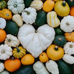Colorful Array of Pumpkins and Gourds in Various Shapes and Sizes